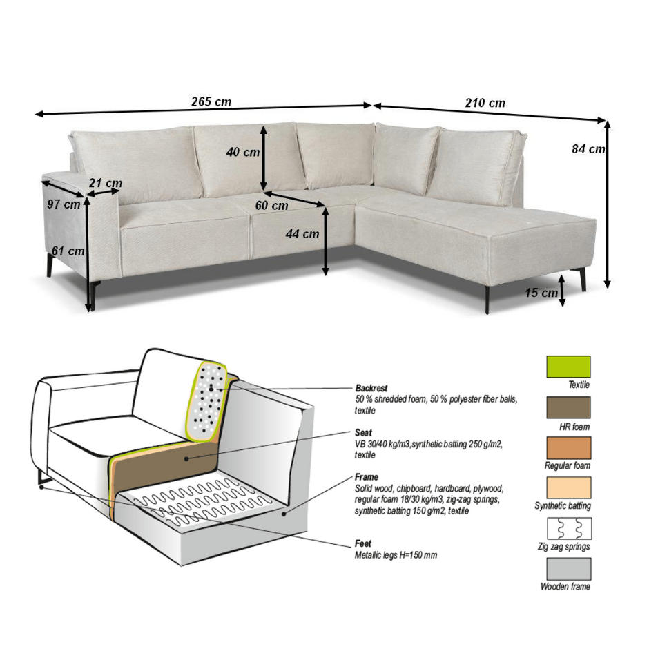 Corner sofa with beige chenille Yara chaise longue - right
