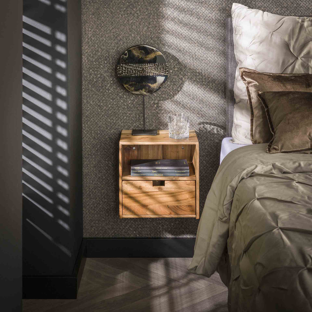 Floating Bedside Tables Set of 2 Ceriel Acacia Wood with 1 Drawer and Open Compartment