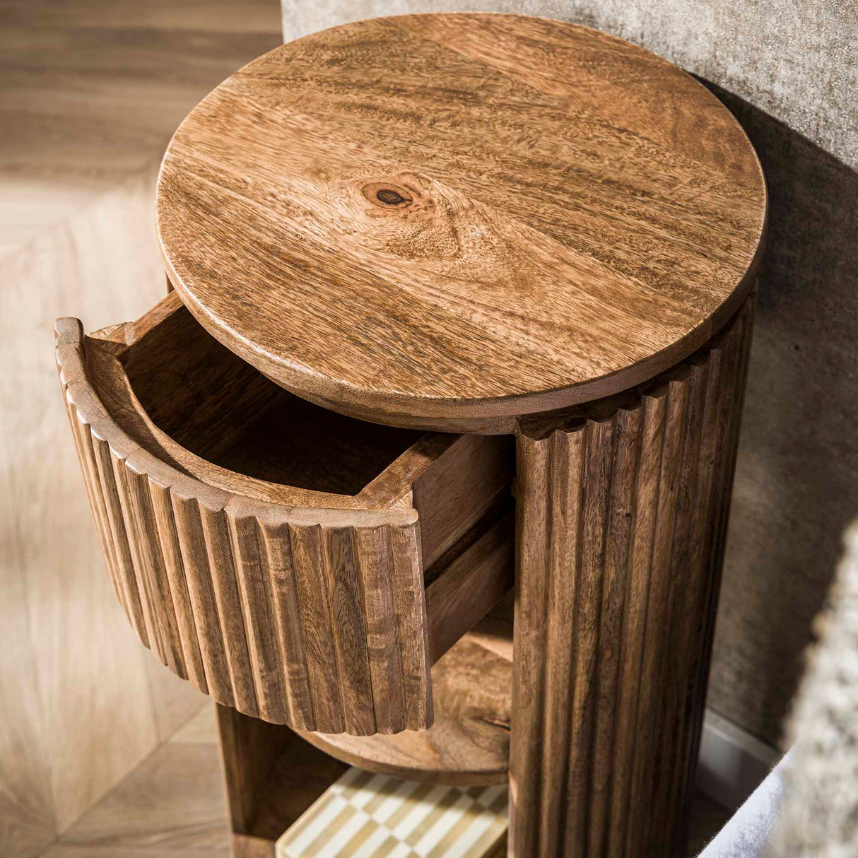 Nightstand Lio Round Mango wood Sand 1 Drawer