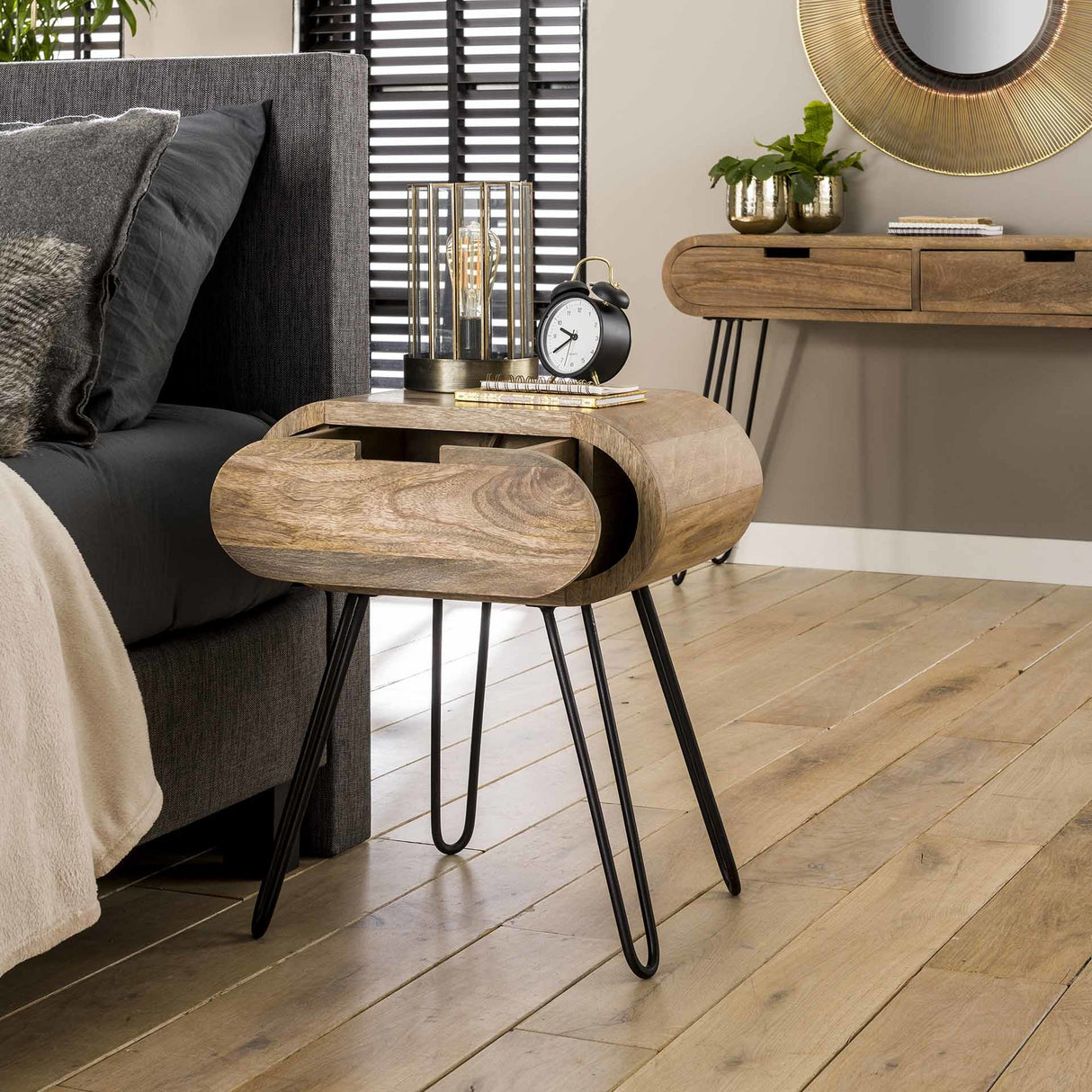 Bedside table Jasmine DH Interior Mango LxWxH 56x41x30 Mango wood Atmospheric photo diagonal front view