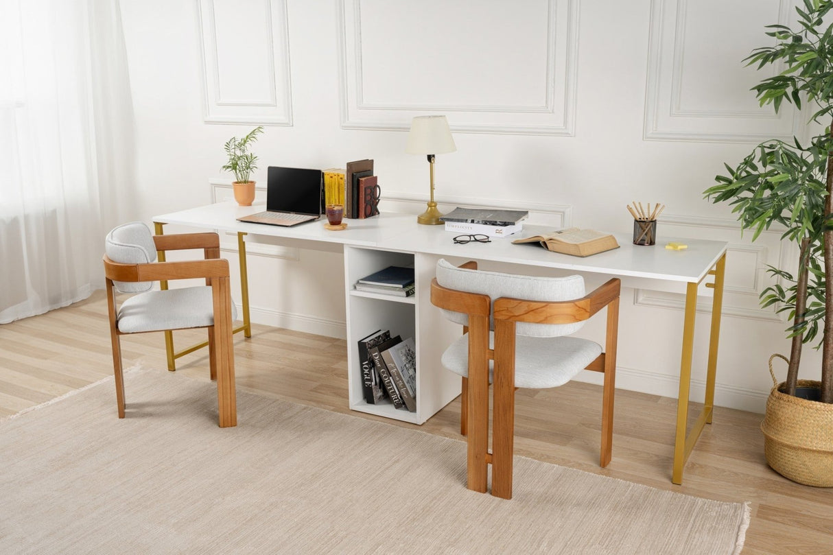 Bureaus - Studie bureau Melamine 240x60 cm Twin Study Desk wit en goud White Gold - Dimehouse