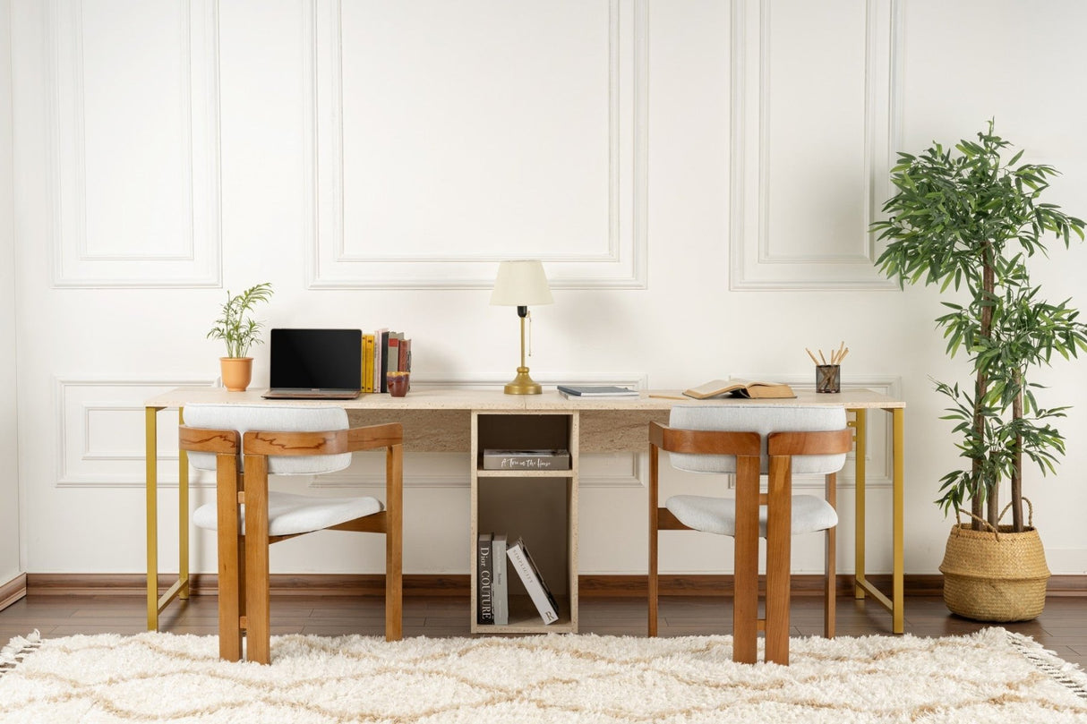 Twin Study Desk Study Office Travertine Gold 240x60 cm Melamine