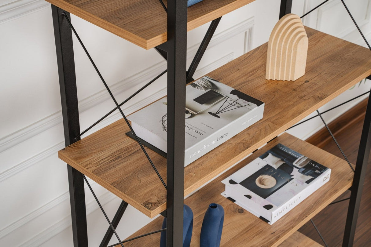 Industrial Bookcase Ely Atlantic Pinewood Melamine - Black Frame - 180x90 cm