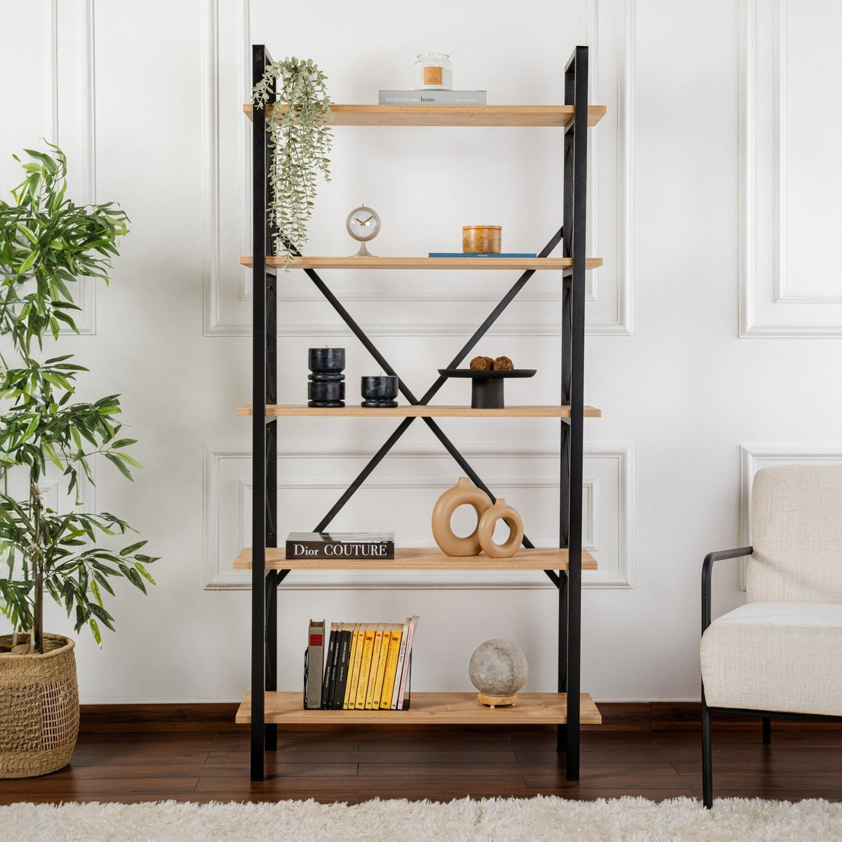 Industrial Bookcase Ely Oak Melamine - Black Frame - 180x90 cm