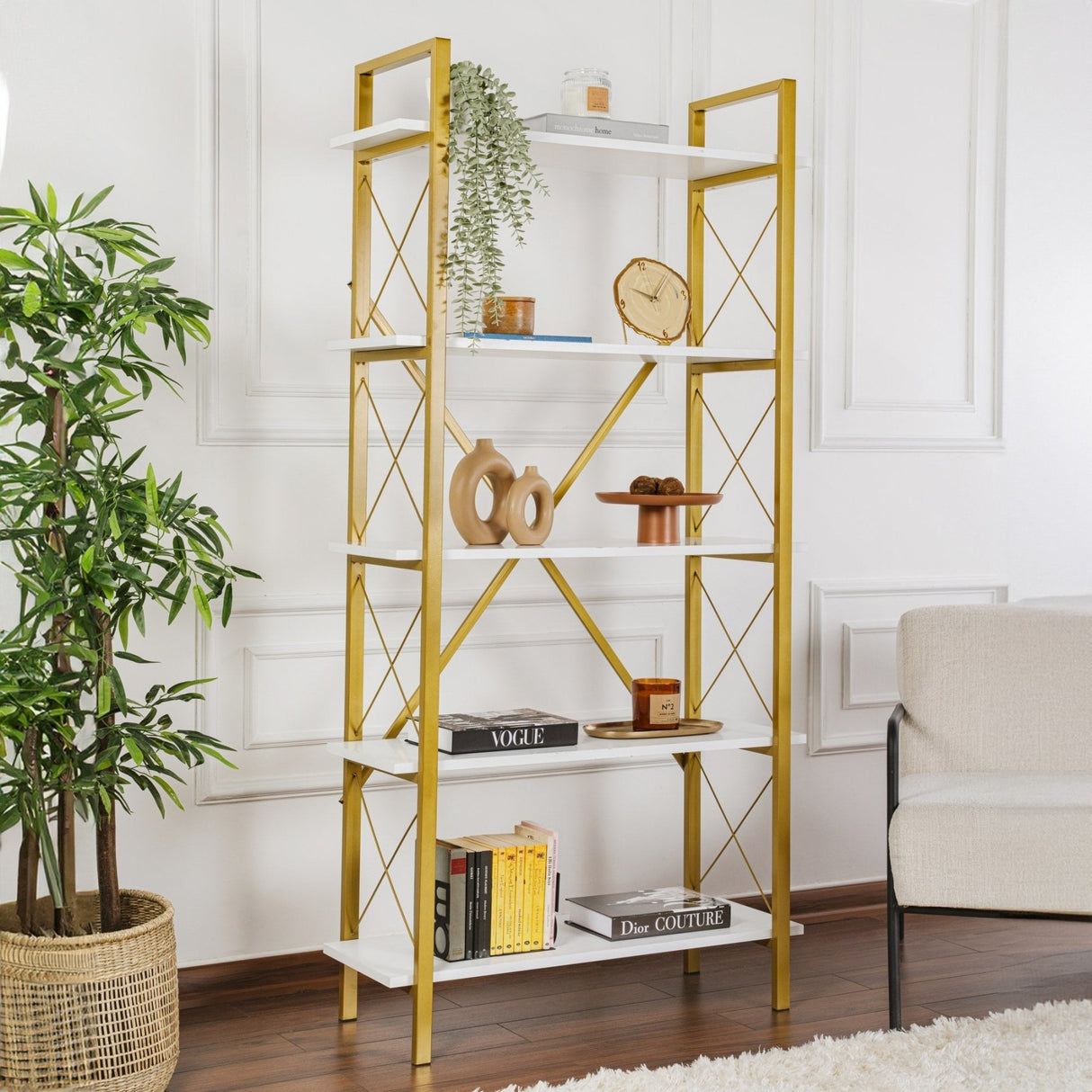 Industrial Bookcase Ely White Wood Melamine - Golden Frame - 180x90 cm