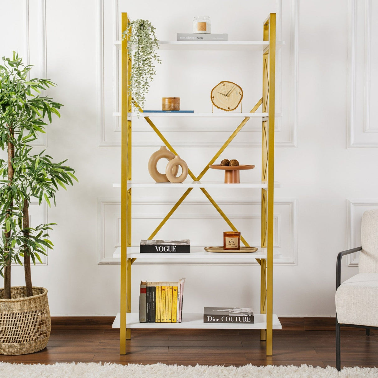 Industrial Bookcase Ely White Wood Melamine - Golden Frame - 180x90 cm