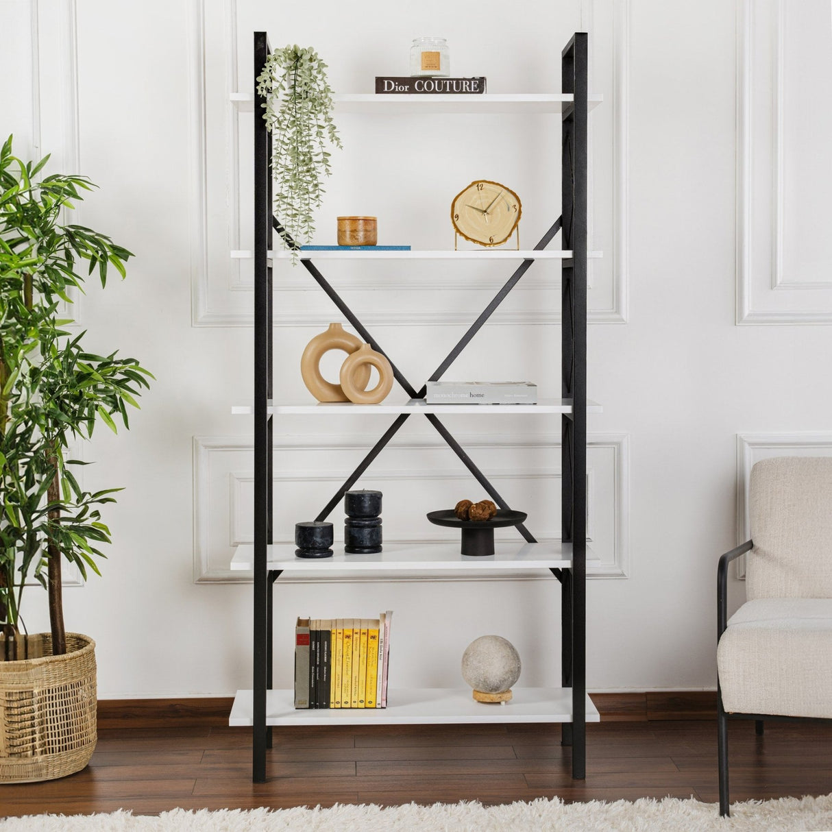 Industrial Bookshelf Ely White Wood Melamine - Black Frame - 180x90 cm