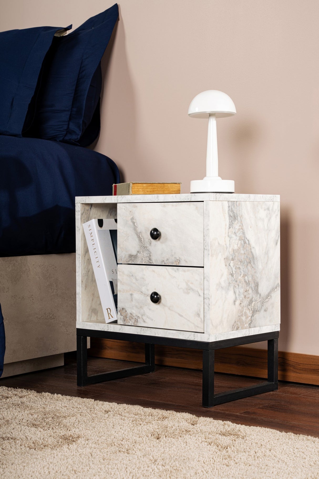 Nightstand White Marble Melamine Pulsar - Black Frame