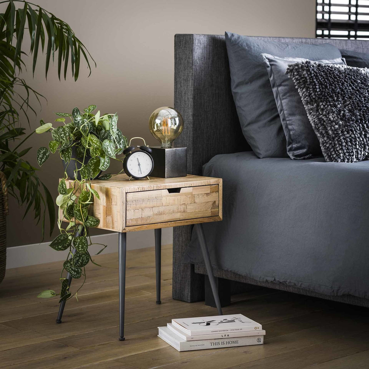 Bedside table Cloë DH Interior Weathered LxWxH 50x40x19 Teak Atmospheric photo diagonal front view