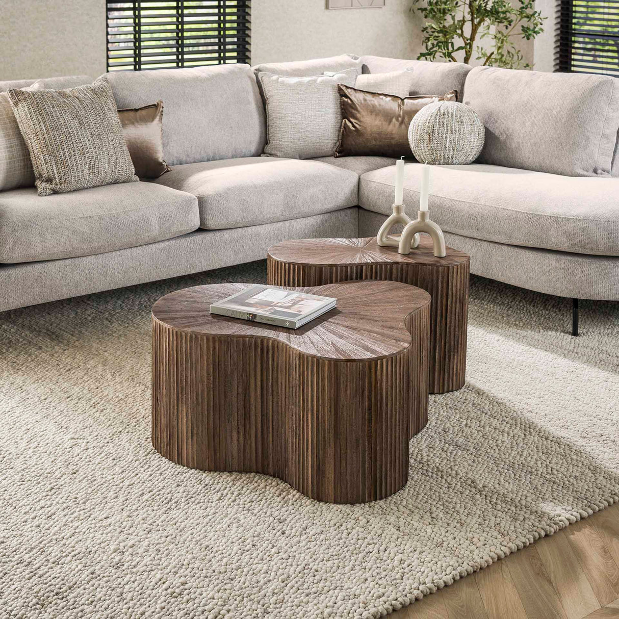 Coffee table set of 2 Myla Organic shape Teak wood Brown