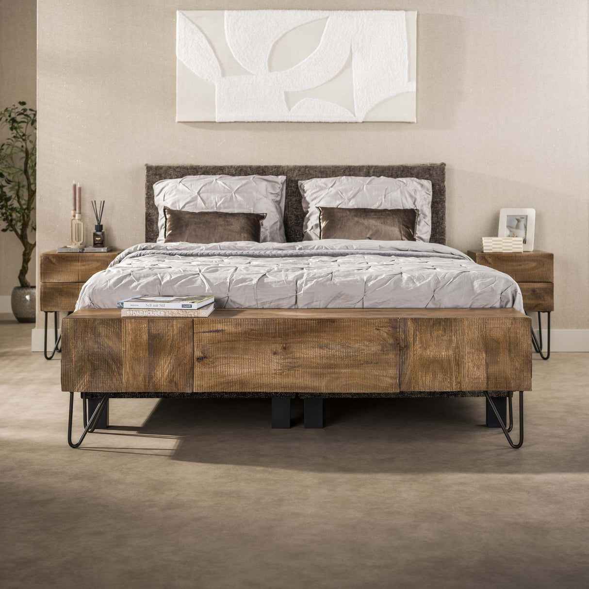 Nachtkastje 2 lades zandkleur mangohout Oona