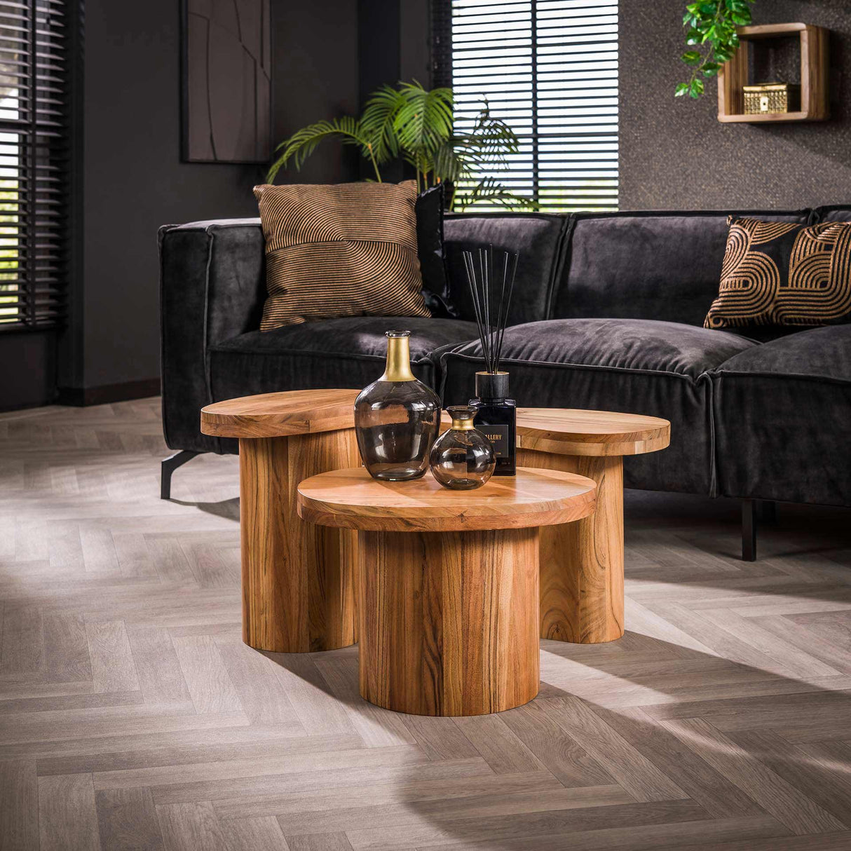 Salontafels - Ronde salontafel set van 3 Adam robuust acaciahout - Dimehouse