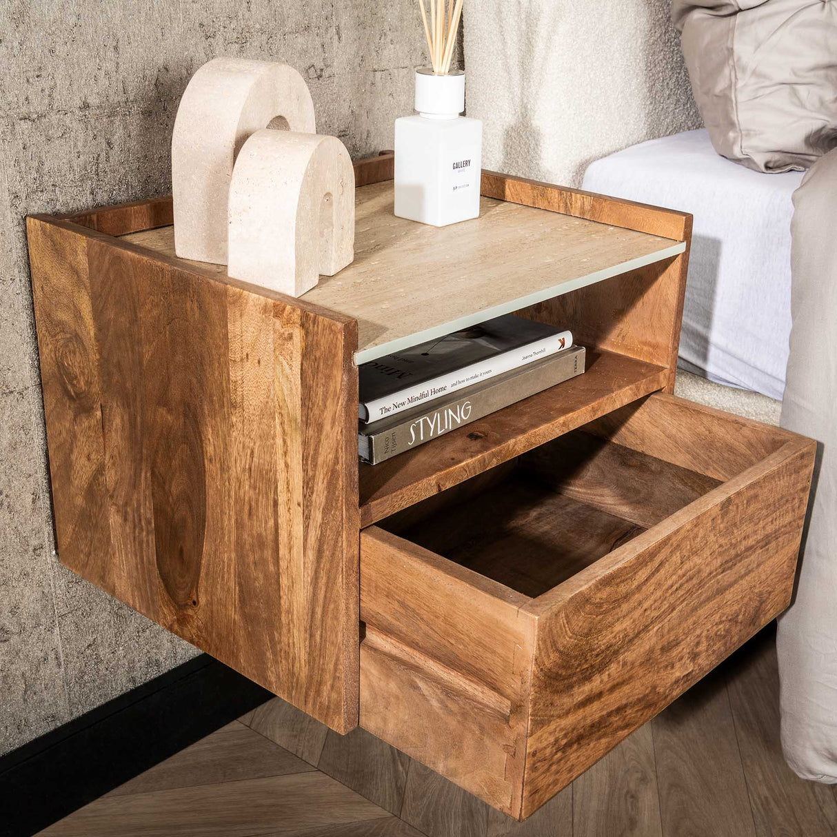 Bedside Tables - Orto Hanging Bedside Table 1 Drawer 1 Compartment Mango wood Ceramics - Dimehouse