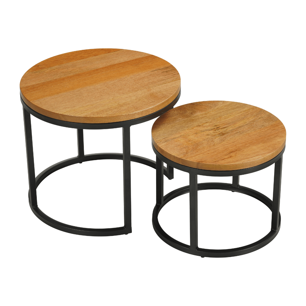 Coffee tables-Set of 2 round coffee tables natural Mango wood - industrial - Rosy-Dimehouse