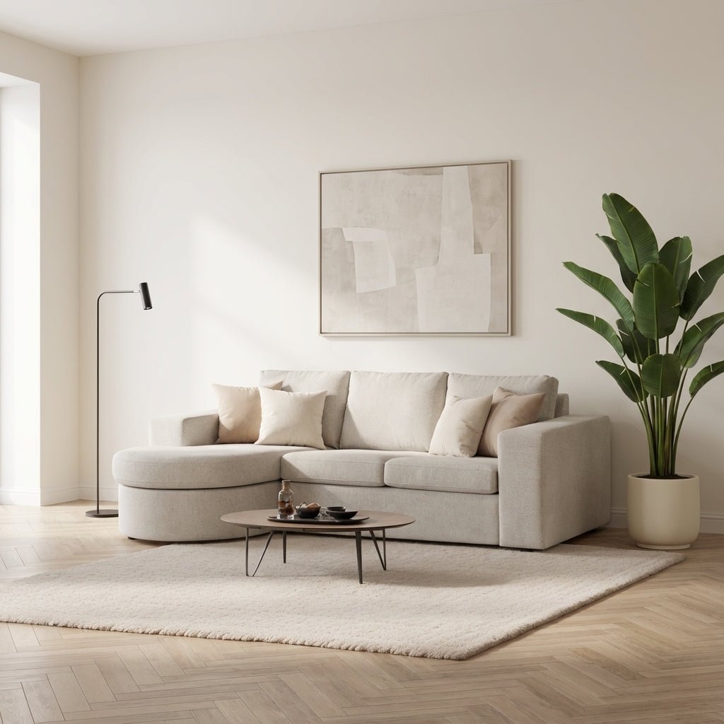 3-zits hoekbank chaise longue Jean stof beige links/rechts sfeerfoto in modern interieur