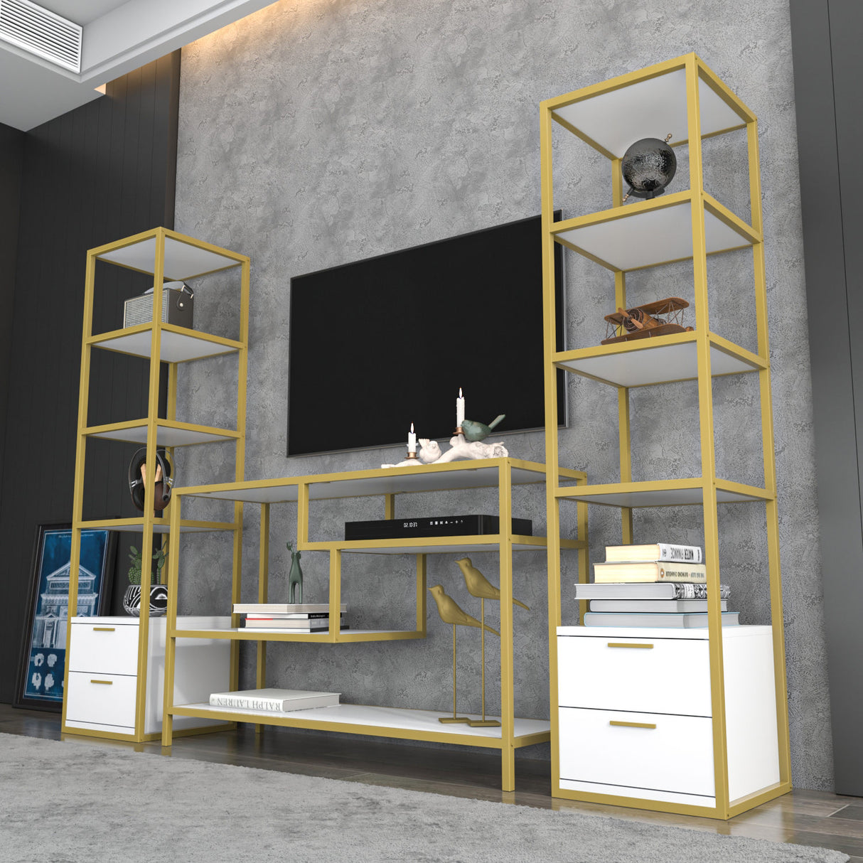 TV furniture set Robbins Gold Gold White Melamine 198x160x39 cm