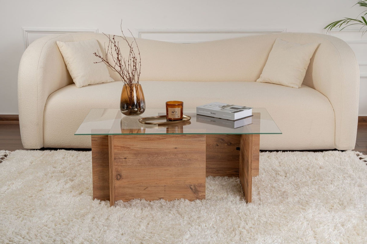 Salontafels - Rechthoekige Moderne Salontafel Vetroni Atlantisch Dennenhout Look - Glas - 105x65 cm - Dimehouse