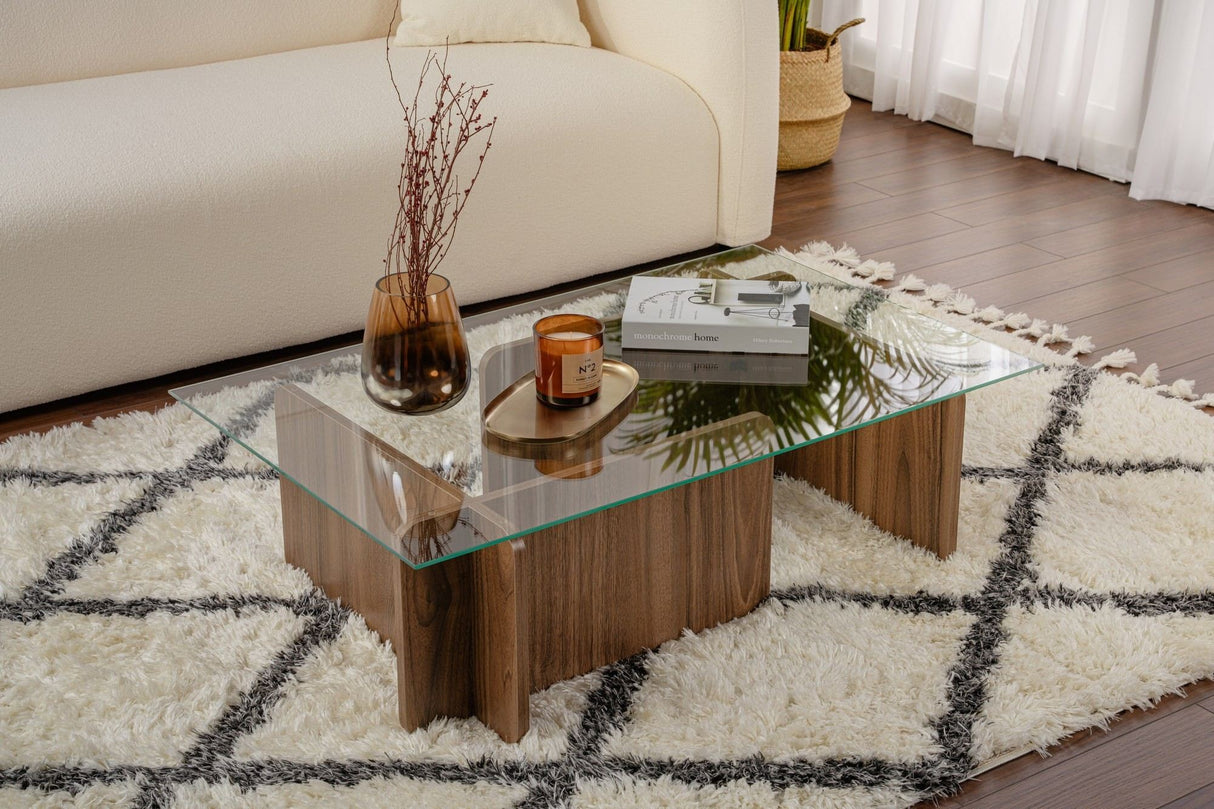 Coffee table Natural Walnut Glass Opal 105x65x30 cm