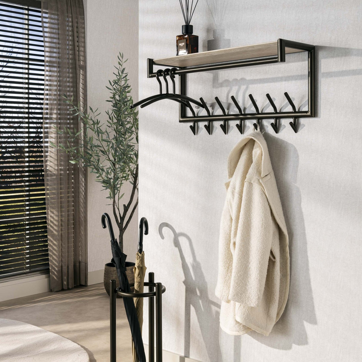 Coat rack Aria rod and hat shelf 2x7 hooks melamine travertine
