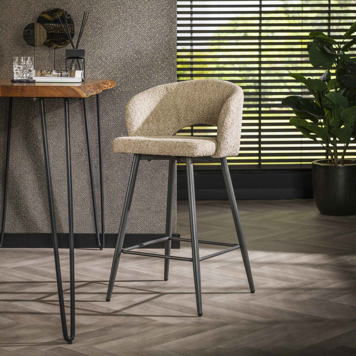 Modern Sand Alba Bouclé Fabric Bar Stool