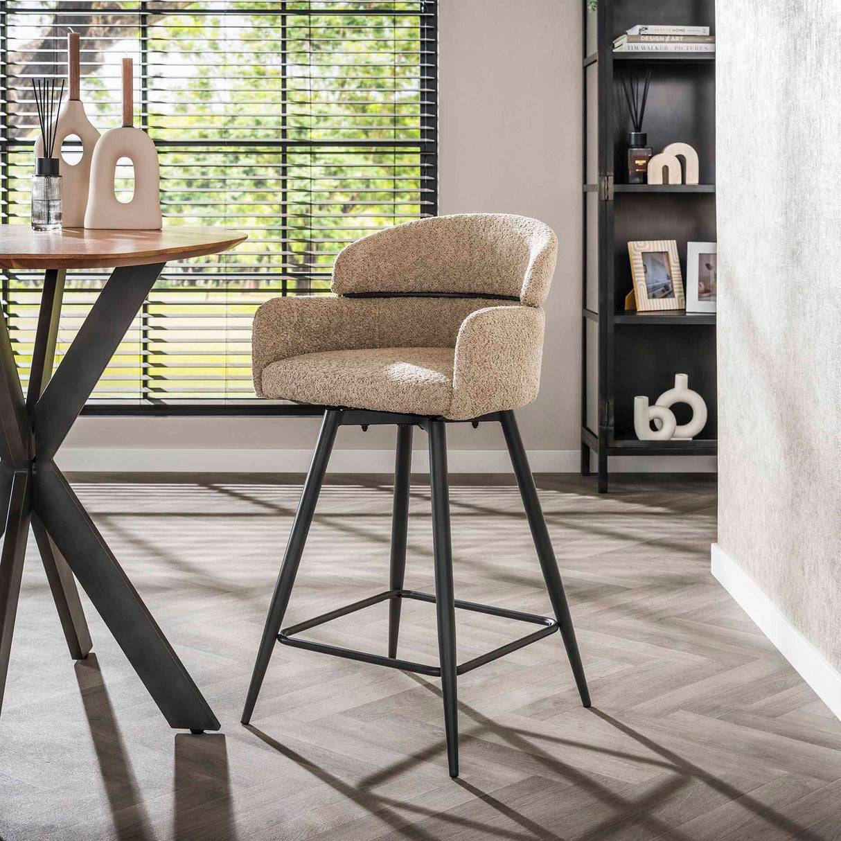 Sienna Bouclé Bar Stools Sand Round Rug Rotatable