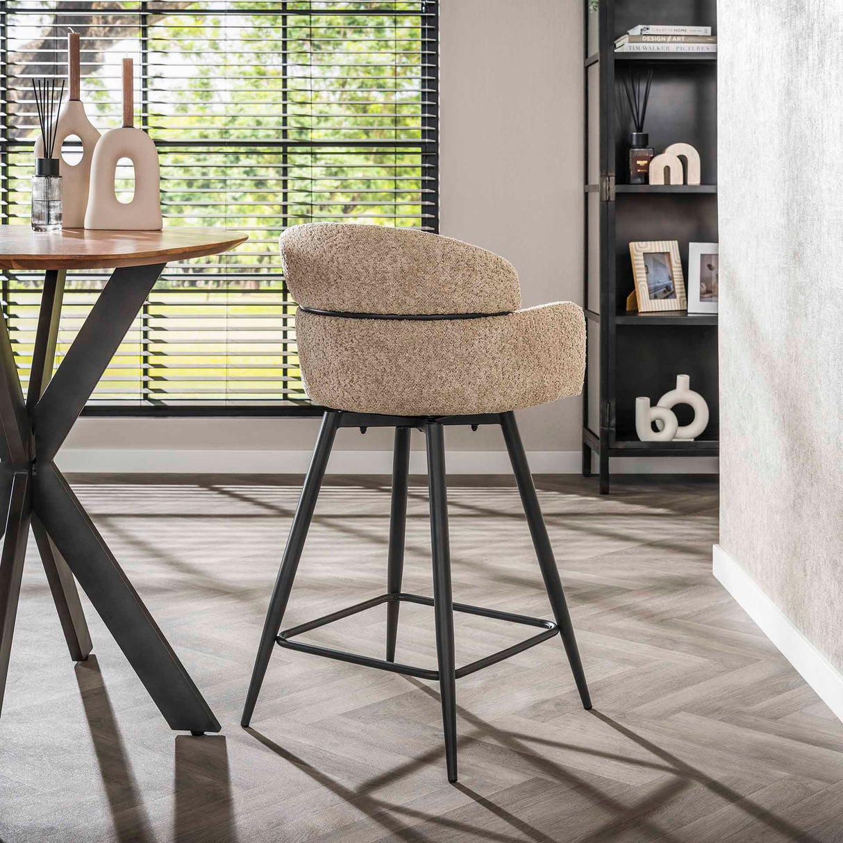 Set of 2 Sienna Bouclé sand round back swivel bar stools