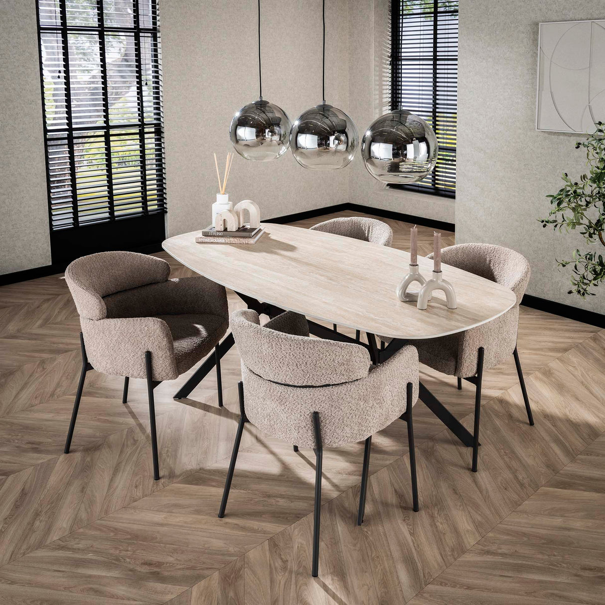 Eettafels - Eettafel Jimi Deens Ovaal Keramiek Travertinlook 180 cm - Dimehouse