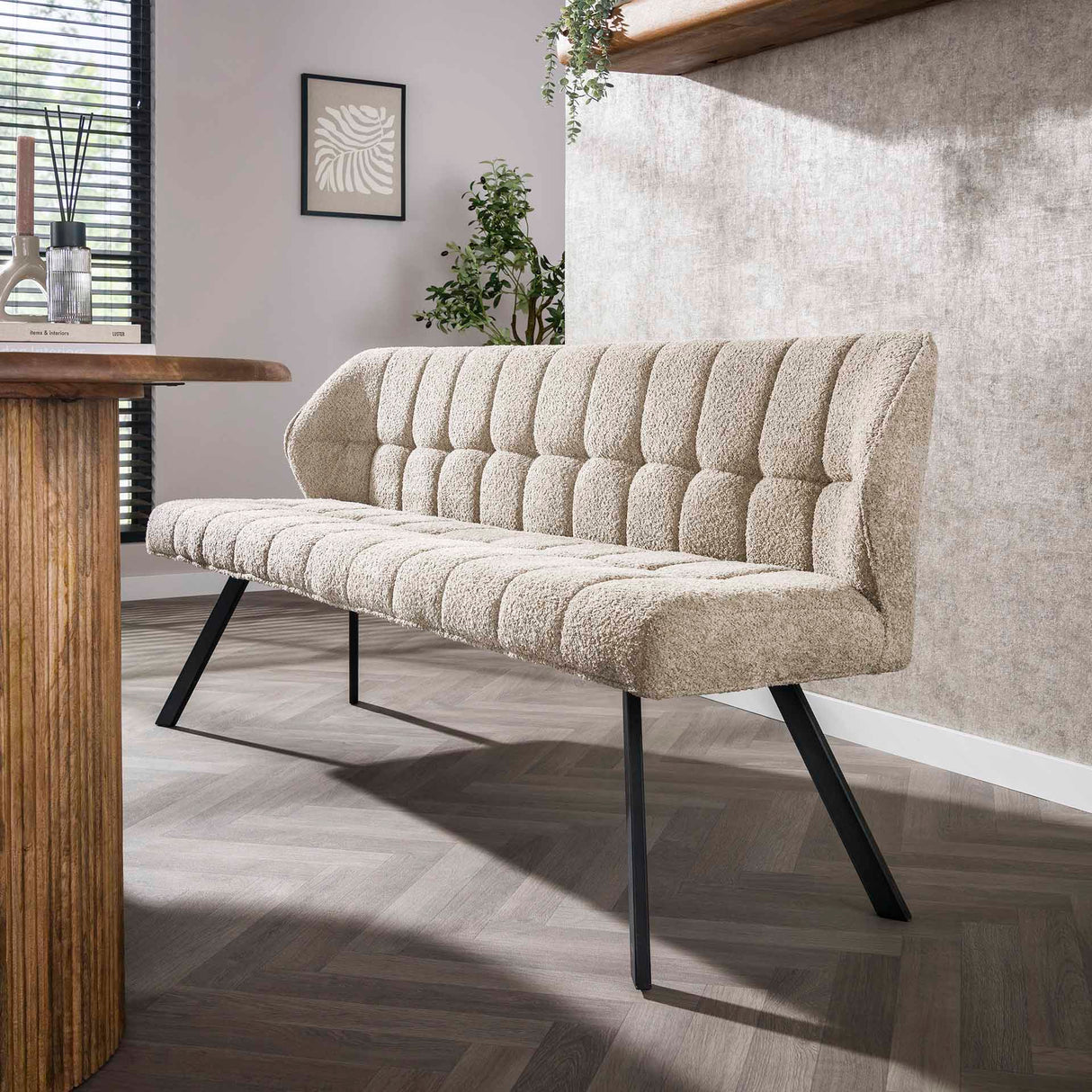 Dining bench Lino Bouclé Fabric Sand 180 cm Checkered