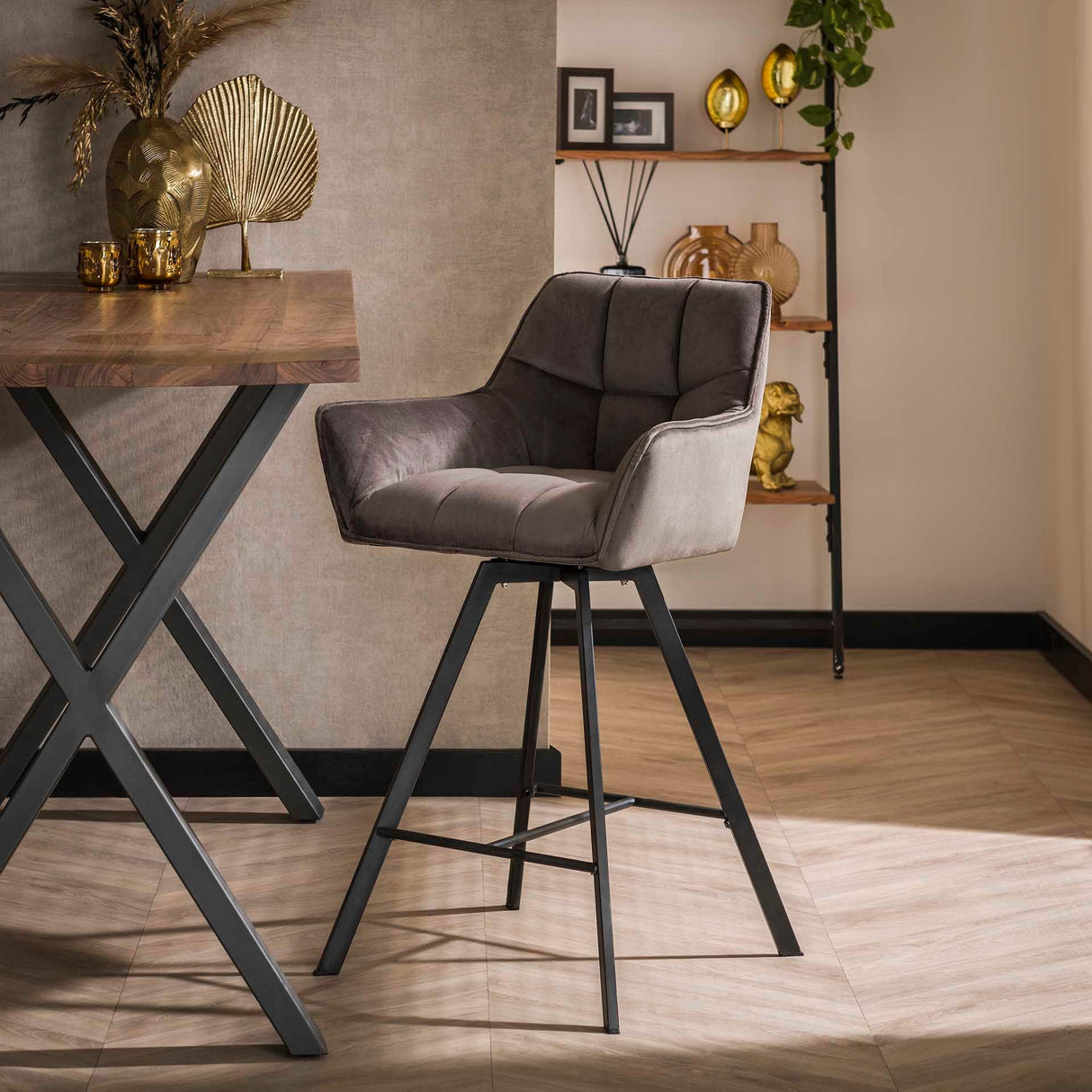 Set of 2 Lino Velvet Antracite Bar Stools Swivel