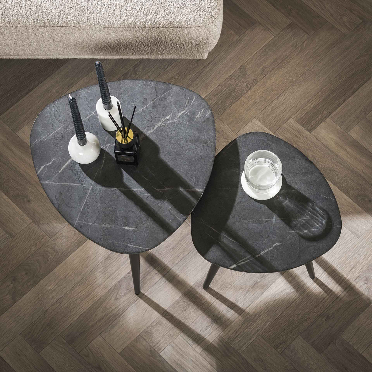 Triangular Coffee Table Set of 2 Conner Ceramic Look Gray