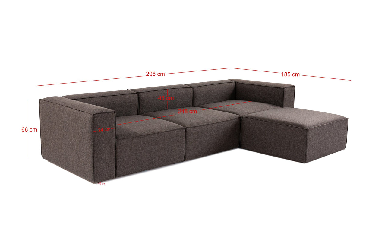 Modular corner sofa with loose pouf dark brown linen fabric Fora