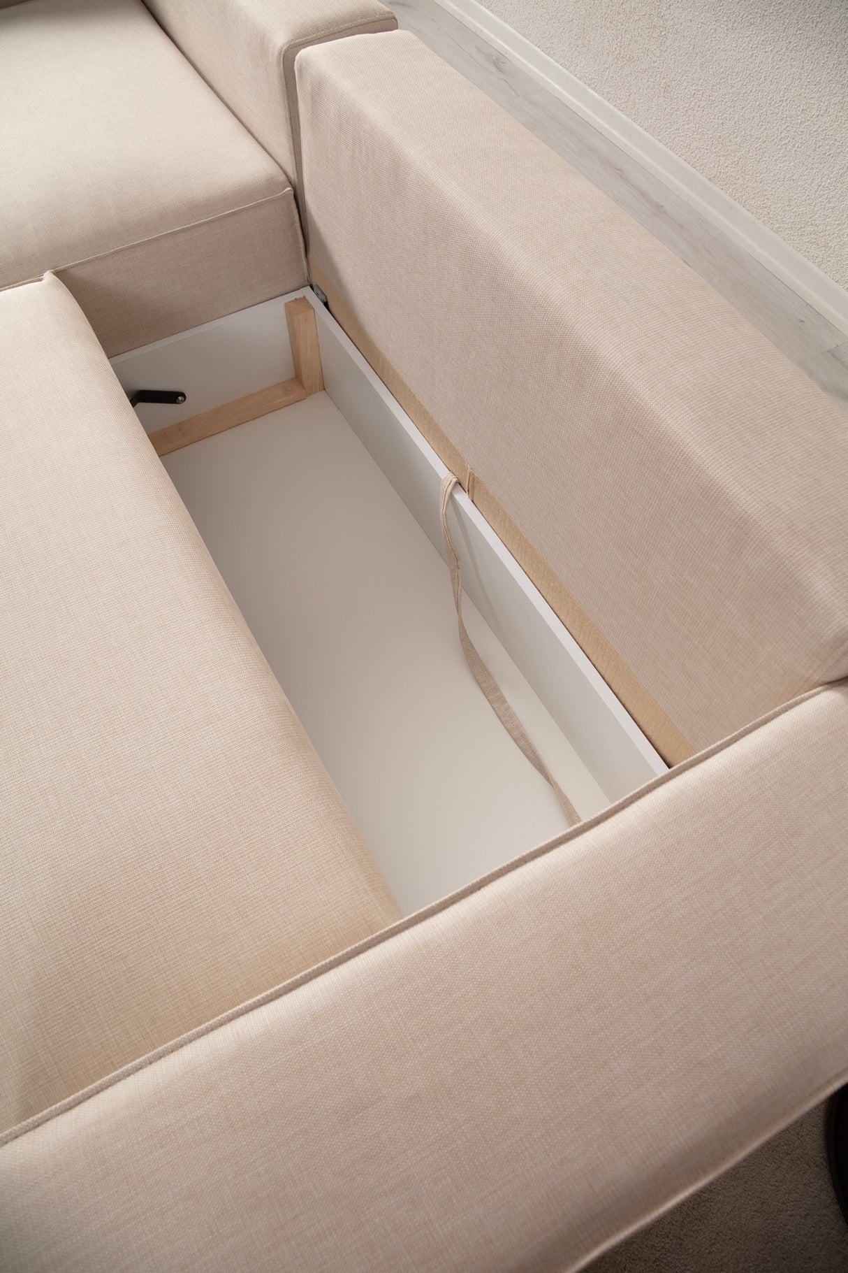 Beige fabric sofa bed - with storage space - left facing - 260 x 170 cm - Pirlo