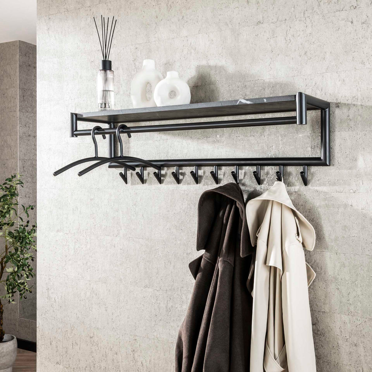 Coat rack Kimi 10-Hook Black Ceramic - With Rod and Hat Shelf