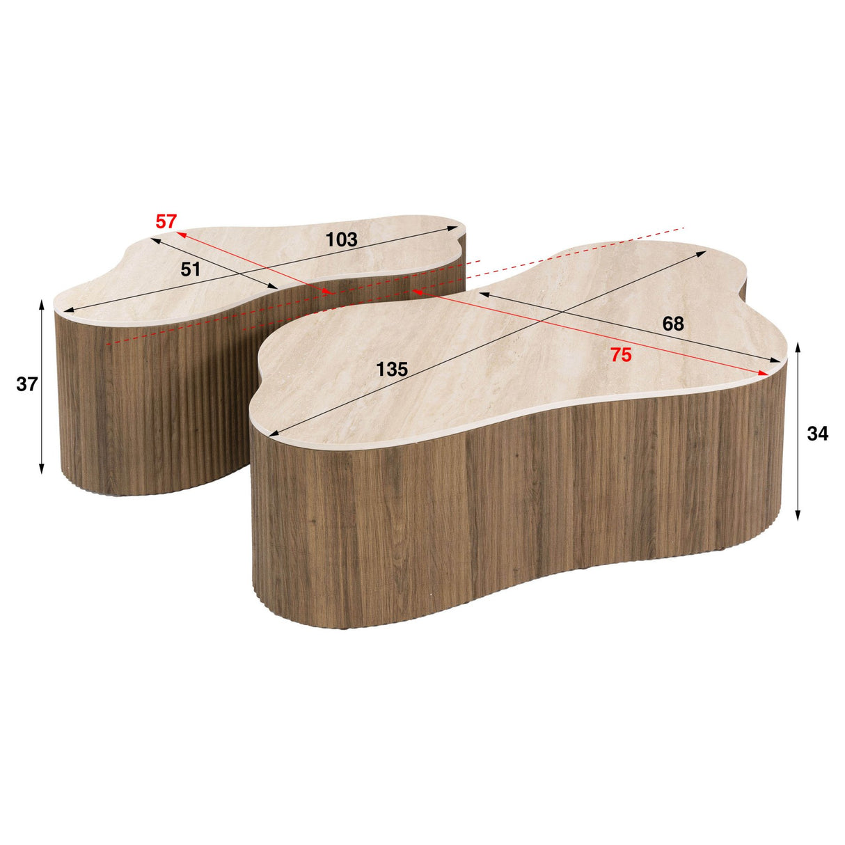 White photo with dimensions set of 2 organic coffee tables Cruz Grand with Travertine ceramic tops and oak wood look ribbed base.