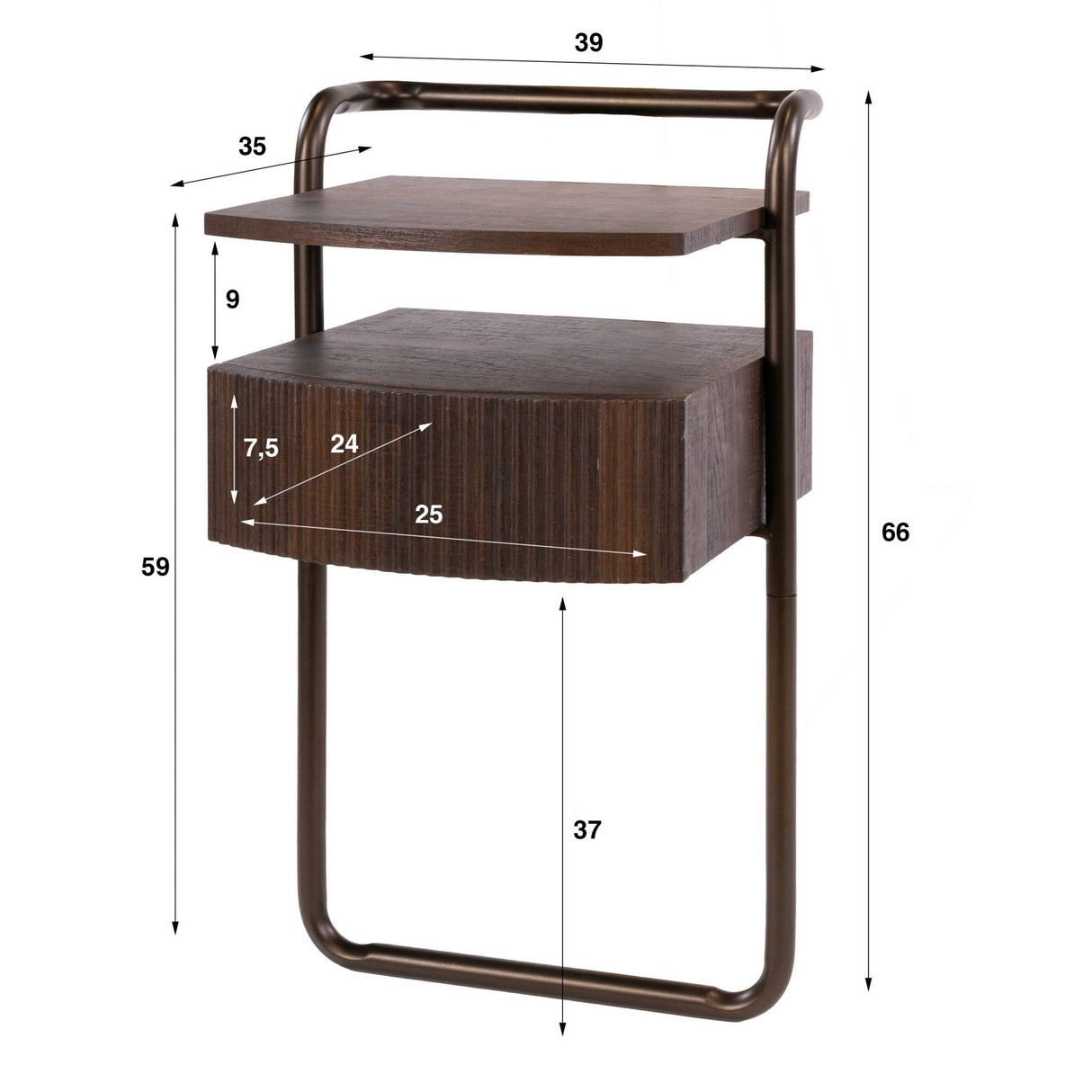 Nachtkastje met 1 lade donkerbruin hout brons frame Blaze