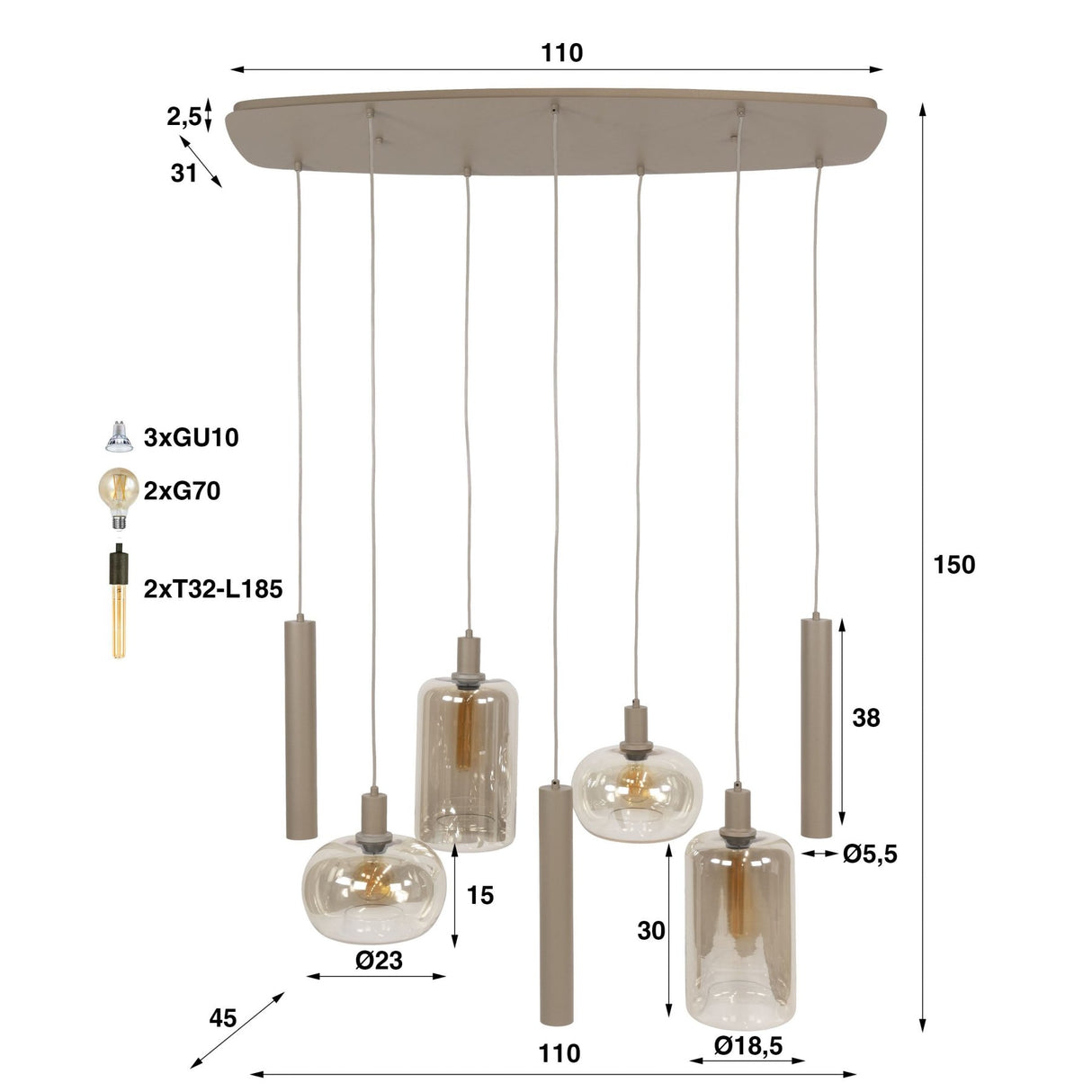 Hanglamp Sera 7-lichts beige metaal amber glas