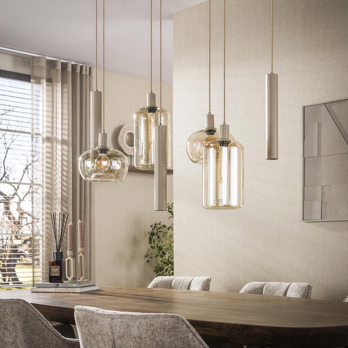 Hanglamp Sera 7-lichts beige metaal amber glas