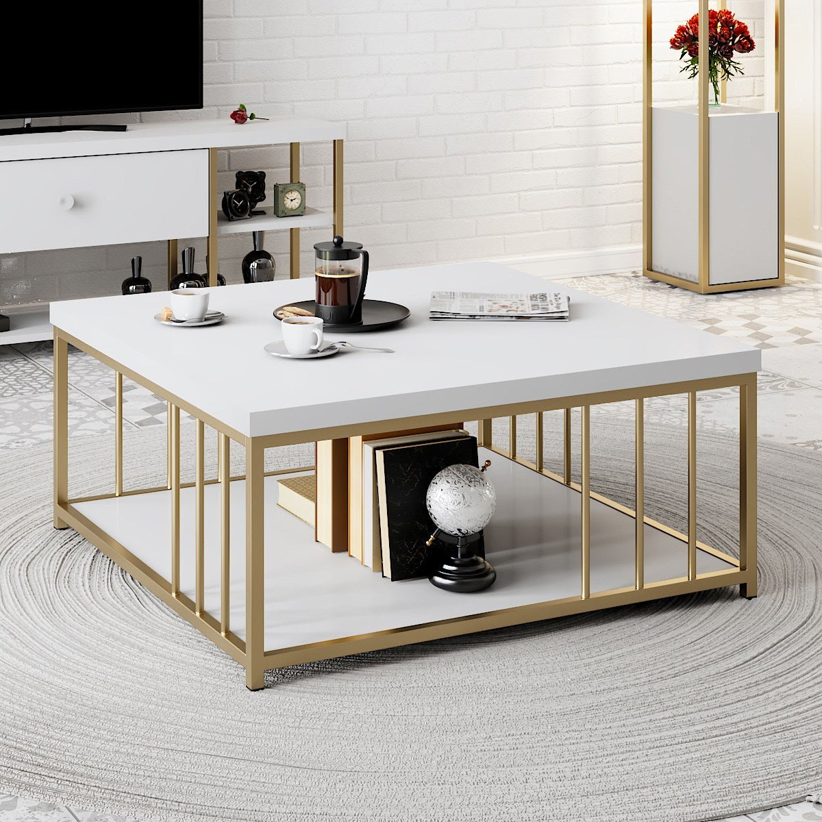 Square Coffee Table White Zenn 90x90 - Gold Frame
