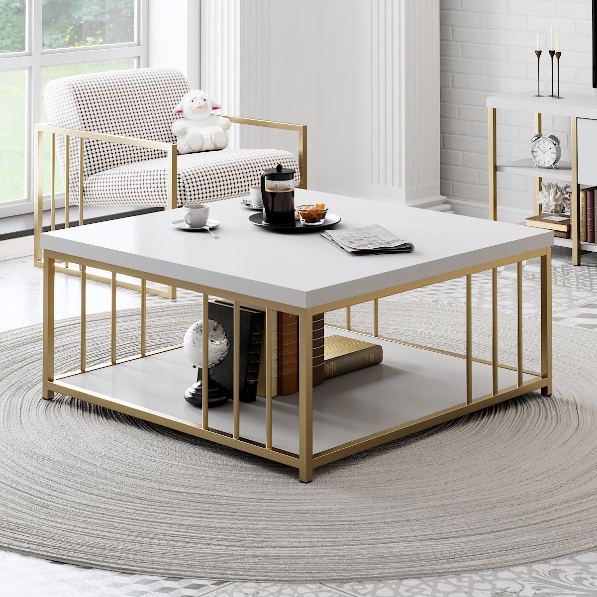 Square Coffee Table White Zenn 90x90 - Gold Frame