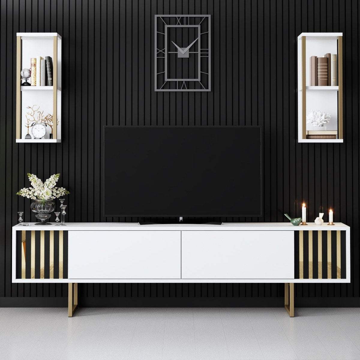 TV furniture set Gold Line White Black Melamine 180x48x30 cm