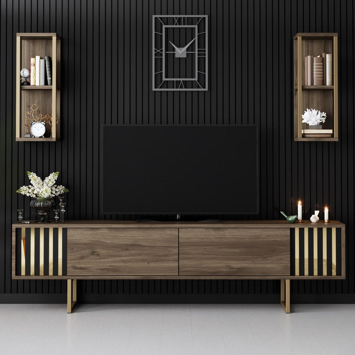 TV furniture set gold line walnut black melamine 180x48x30 cm