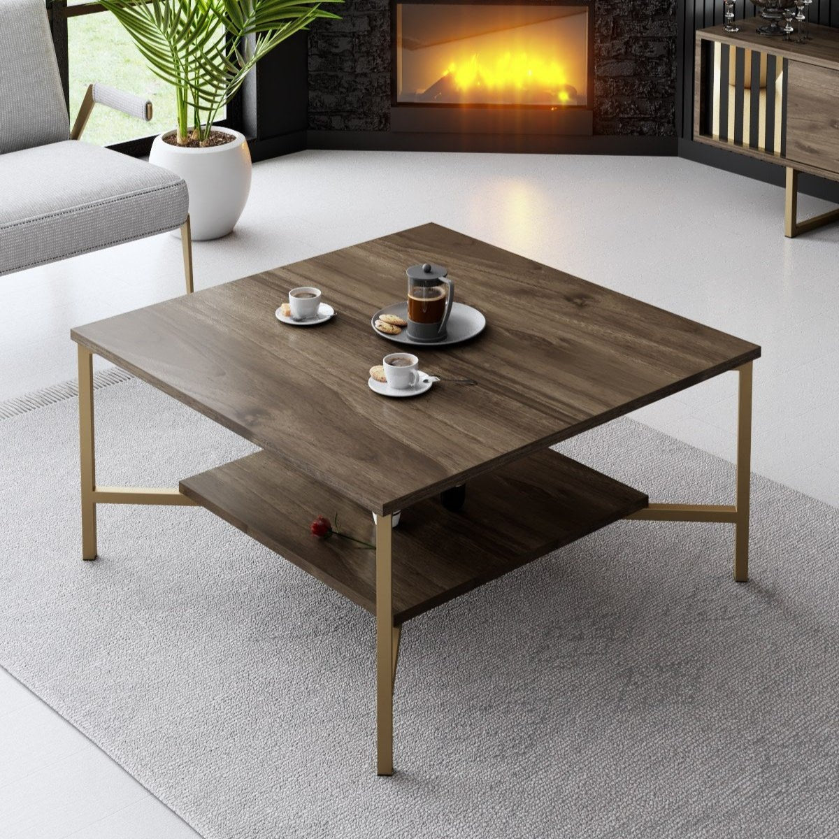 Square Coffee Table Walnut Gold Line 80x80 - Gold Frame