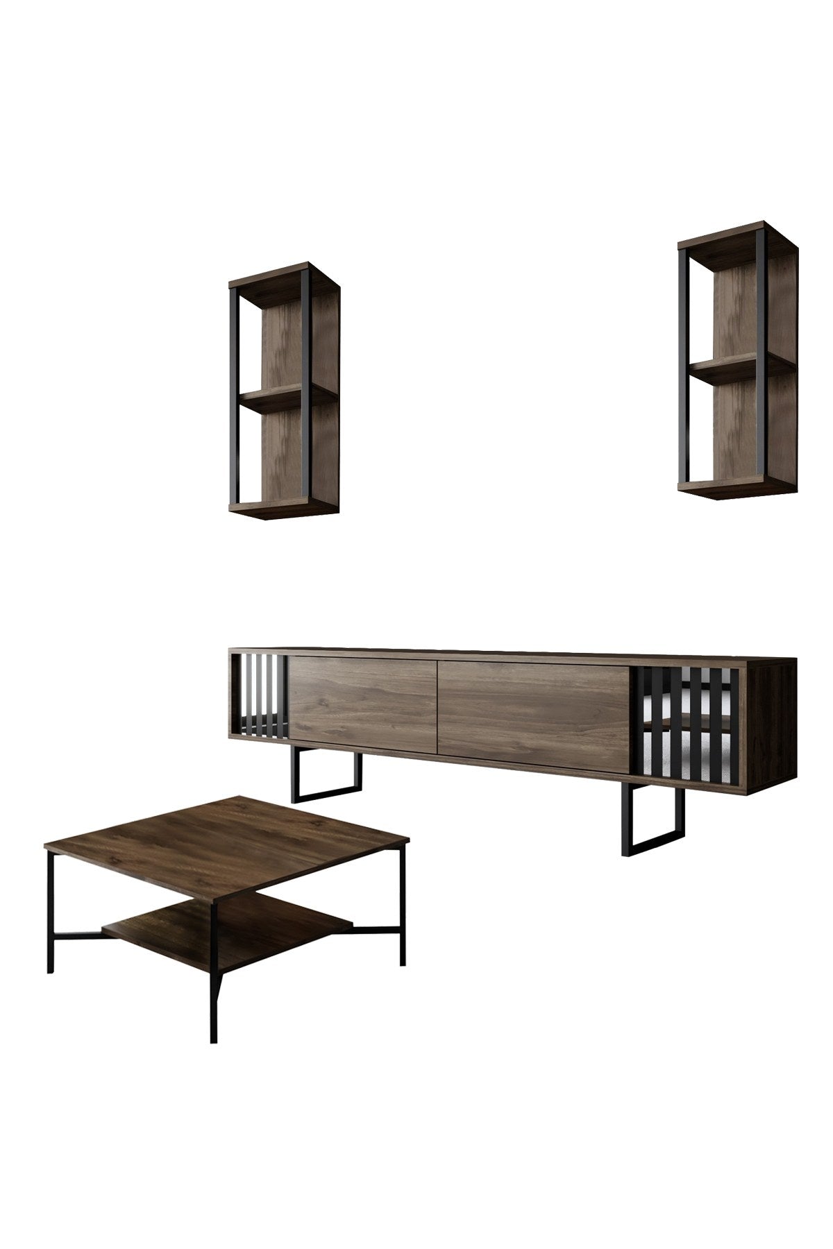 Furniture Set Walnut-Black - Chrome Line - Coffee table + TV cabinet