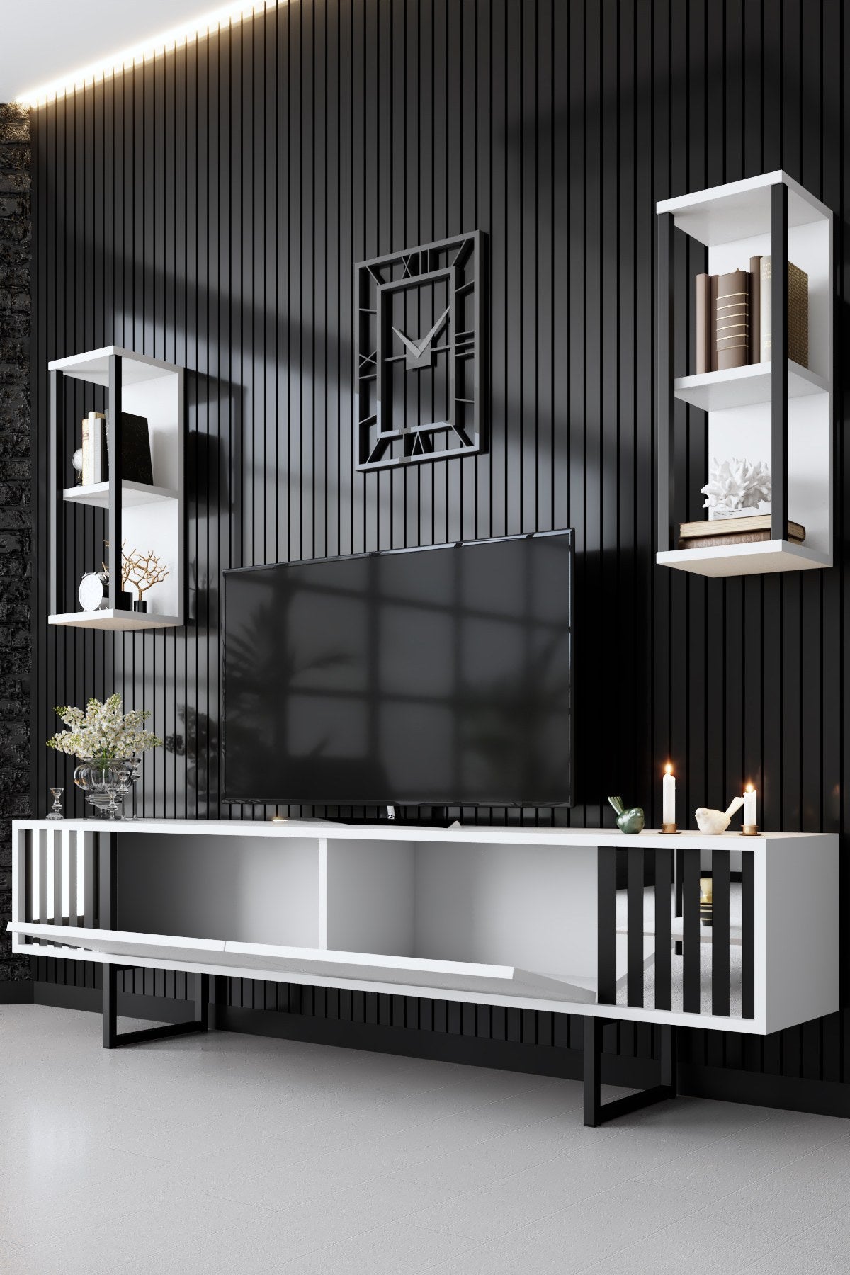 Furniture Set White-Black - Chrome Line - Coffee Table + TV Furniture