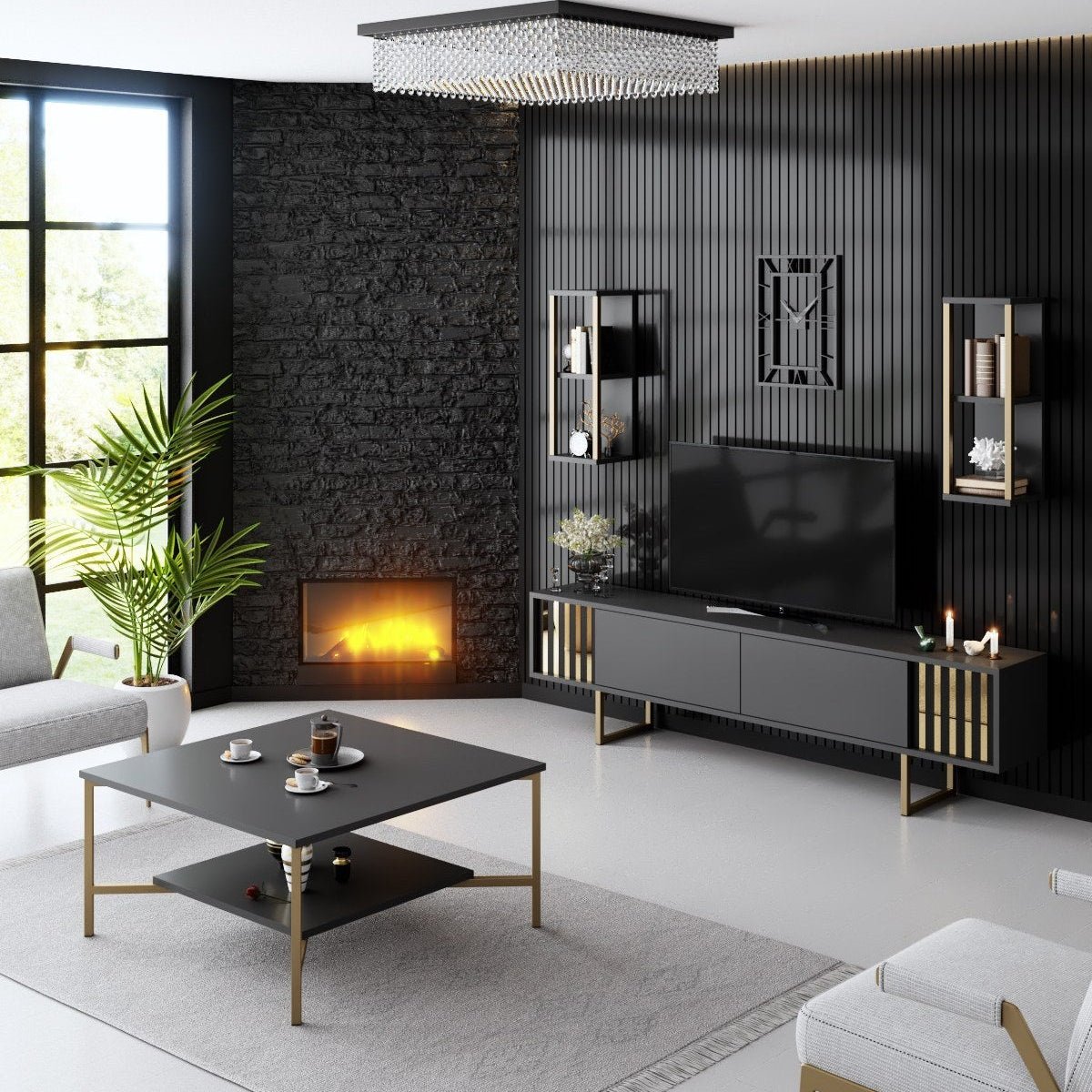 Furniture Set Anthracite-Gold - Gold Line - Coffee Table + TV Furniture