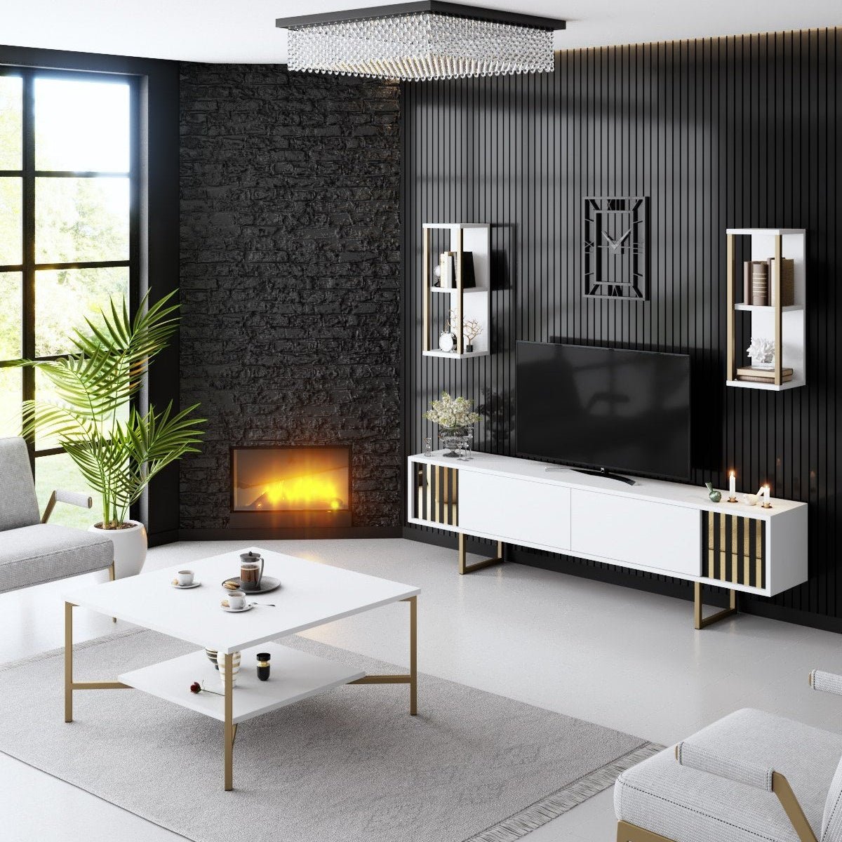 Furniture Set White-Gold - Gold Line - Coffee Table + TV Furniture