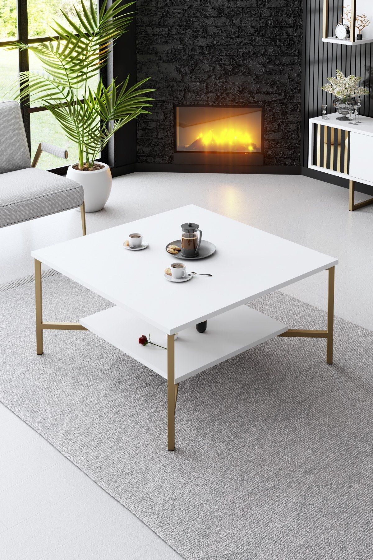Furniture Set White-Gold - Gold Line - Coffee Table + TV Furniture