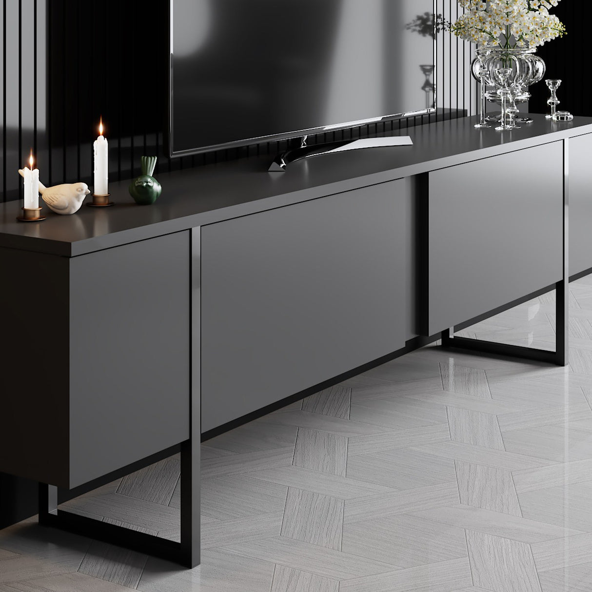 Meubelsets - Meubelset Antraciet Luxe - Salontafel + TV Meubel - Zwart Frame - Dimehouse