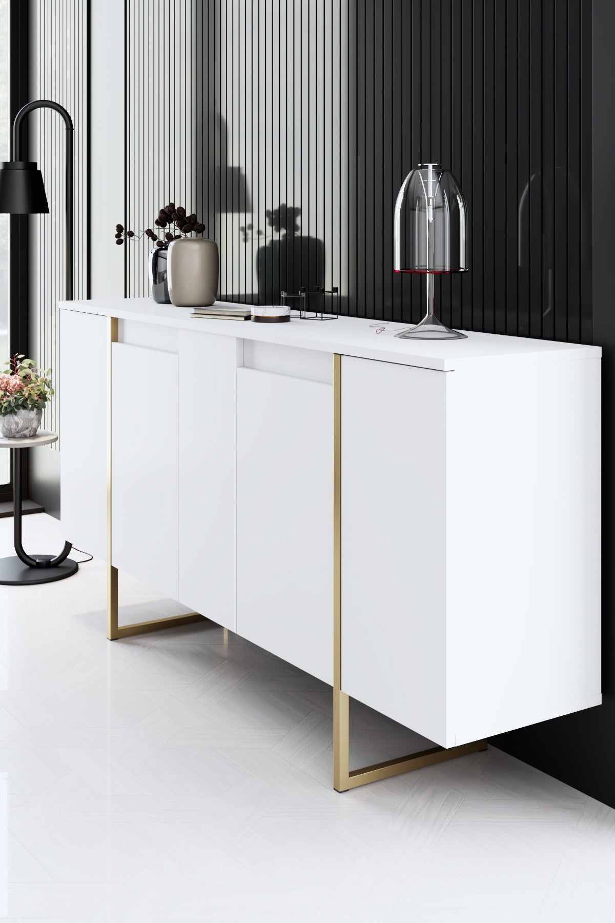 Modern Dresser White Luxury 160x80x35 - Gold Frame