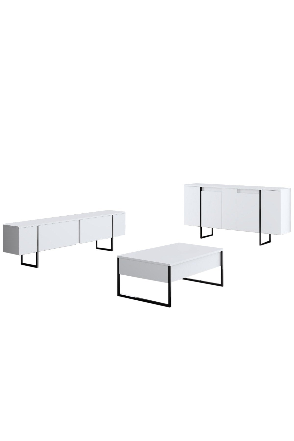 Furniture Set White Luxury - Coffee Table + TV Cabinet + Dresser - Black Frame